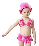 HIMOE 水着 ベビー 女の子 ビキニ風 花付き キッズミズギ スイミング スクール水着 スイムウエア UVカット (Mサイズ(身長：70-85cm), ホットピンク(スイムキャップ付き))