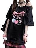 [ＪＱＢＦＬ] 肩出し Tシャツ レディース 半袖 地雷系 ティーシャツ ゆったり 量産型 トップス プリント 黒tシャツ 夏服 かわいい ロリーター 原宿系 tシャツ(Gブラック)