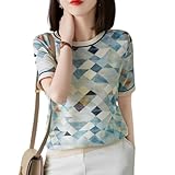 [ROSELUCA.] 総柄 Tシャツ カットソー レディース 半袖 夏 速乾 アイスシルク プルオーバー シルキータッチ とろみ 柄 清潔感 かわいい 鮮やか ママ 公園 遊び心 気分が上がる カラフル 普段着 ブルーダイヤ L