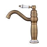 beeleeシングルハンドル単穴浴室洗面化粧台シンクミキサー蛇口セラミックハンドル付き、アンティーク真鍮仕上げ