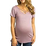 HUYB妊娠中　女性 ソリッドカラー　Ｔシャツ　クロスストラップ　半袖　無地　シンプル　中空　バックレス　　トップス　マタニティ服レディース (L, ピンク)