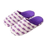 男女のカップルの格子のふかふか綿のスリッパ (40-41, パープル)