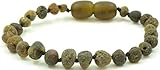 Unpolished Baltic Amber Teething Bracelet / Anklet for Baby - Dark Green Color - 6.3 inches - Baltic