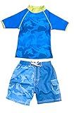 Banz UPF50+ 紫外線カット 男の子用水着セット サイズ0(ラッシュトップ半袖シャーク、ハーフパンツ ブルー)