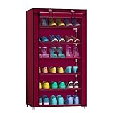 Carfeny 組み立て式 シューズラック カバー付き 大容量 6段 組立簡単 (ワイン レッド, 幅60cm×奥行30×高さ110cm)