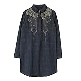 (ボラ-キキ) Bole-kk ロングシャツ シャツワンピース チュニック レディース ブラウス 長袖 ゆったり 刺繍 オフィス (紺)