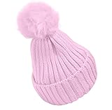 Plus Nao(プラスナオ) 子供用 ニット帽 ファーボンボン付き リブニット ワッチ ビーニー ニットキャップ キッズ ジュニア シンプル 無地 女 - ピンク