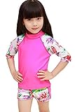 (トヨベイ) Toyobuy 可愛い 水着 キッズ 女の子 スクール 子供 セパレートガールズスイムウエア ビキニ 半袖 海水浴 温泉 UVカット スイミング ベビー ラッシュガード 花柄 ローズ色 