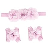 Elevin(TM) 1Pair Newborn Baby Chiffon Foot Flower Barefoot Sandals + Headband Set (Pink) by Elevin(T