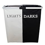 (Black&White) - Bebone Foldable Double Hamper Black and White Aluminium frame Laundry Basket (Black 