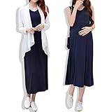 hanano 授乳ファスナー マタニティ フリル 着痩せ ロング ワンピース ＆ カーディガン【全２色】 (L, カーディガンset(ネイビー))