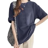 [Luxiwear] Tシャツ レディース 半袖 【今夏一枚で着痩せ！お尻が隠れる丈·こなれ立体ロゴ】 夏 ティーシャツ クールネック 細見え 小顔 トップス 体型カバー 大きいサイズ オーバーサイズ ゆったり 薄手 カットソー きれいめ かわいい カジュアル (M, パープルネイビー)