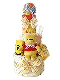 おむつケーキ ディズニー くまのプーさん 新生児肌着セット＆ベビーグッズ豪華8点付き 3段 男女兼用 (メリーズMサイズ（24枚入り）)