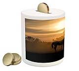 HorseコインボックスBank by lunarable、シルエットStallions In Love Farmhouse Landscape Romantic Sunsetフォレスト、印刷セラミッ