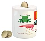 lunarable ABC Kids貯金箱、PrimaryスクールStudents Learn ABCアートワークをFフォントwith Flamingo Fox Frog Ferret、印刷セラミック