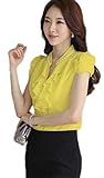 【Smile LaLa】 レディース 半袖 シフォン ブラウス オフィス カジュアル 通勤 清楚 フォーマル フリル シャツ エレガント (L, イエロー)