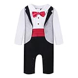 ベビー ロンパース 男の子 タキシード フォーマル スーツ風 長袖 カバーオール 蝶ネクタイ付 (80, レッド)