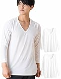 [Nutopia] インナーシャツ メンズ 長袖 2枚組 Vネック インナー あったか ストレッチ 保温 なめらか シルクタッチ 肌着 ブラック ホワイト (長袖Vネック/白/LL)