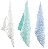 Jessiebaby Natural Antibacterial Muslin Cotton Baby Bath Towels - 10x10 inches - (White+Green+Blue) 