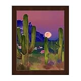Desertscape Tall砂漠Saguaroサボテンとパープルの山の:ペイントwith Full Moon風景壁アートプリント 8x10 LND0000031FRM08X10SES