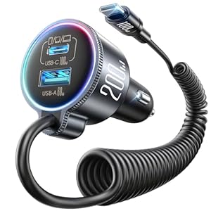JOYROOM シガーソケット USB-C 200W急速充電 伸縮コイルケーブル搭載 3ポート 車載充電器 1.5M Type-Cケーブル 虹色LED対応