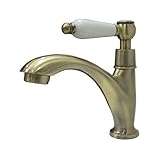 洗面水栓 蛇口 水栓金具 単水栓 シングルレバーハンドル 陶器 アンティークゴールド（古金） [奥行15×吐水口高9cm] INK-0302063HT
