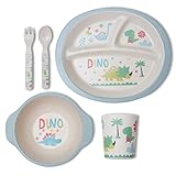 PUQU ベビー食器 子供用食器セット 天然竹の子供食器 子供食器セット ベビー竹食器セット 安全な竹の繊維 エコ竹繊維製品 (ブルー恐竜)