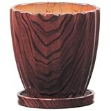 インテリアポット ウッディ ストライプ 13.5cm ブラウン 皿付 【6個入り】 ／植木鉢