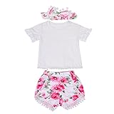 Domybest　子供服　ベビー服　女の子　セットアップ 　トップス 半袖ｔシャツ+ショートパンツ+ヘアバンド　3点セット　フリル　花柄　赤ちゃん　カジュアル　お出かけ　普段着 春　夏 (100(2-