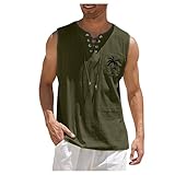 [Teevaseoan] エスニック タンクトップ メンズ レースアップ ノースリーブ 夏 綿麻 吸汗速乾 袖なし シャツ Vネック インナーシャツ 通気 tシャツ ゆったり 薄手 レトロ カジュアル ヘンリーネック ロンt リネン おしゃれ かっこいい(#0708B-AG/XL)