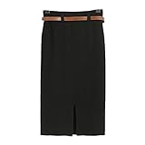 高品質のスカートの秋と冬の女性のカジュアルな長袖ニット膝ハイウエストスカートベルト付きのエレガントなスリムなペンシルスカート (ブラック)