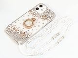 楽々ショップ ケース phone 17 用 スマホケース デコ ケース カバー デコレーション ラインストーン キラキラ ダイヤカバー i17-TZ-39 リングゴールドフラワーストラップ首掛けネックレス