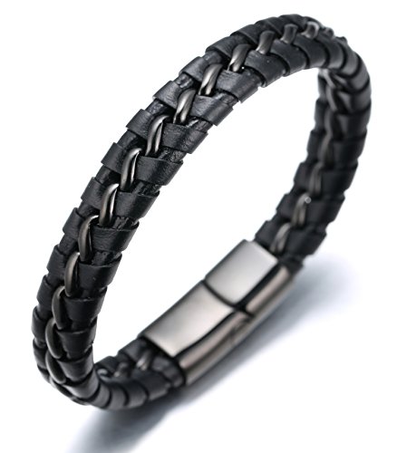 Alex Chevalier（アレクスシェバリエ） ”NIGHTWATCH” ブランド品 本革 ブレスレット ハンドメイド チタン鋼製 ガンブラックチェーン 腕輪 クラシック風 ヨローパスタイル ギフトボックス付き 長さ21.5ｃｍ