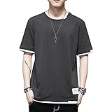 [Aroniko] tシャツ メンズ 半袖 カットソー ロンt 夏服 レイヤード 100％綿 ゆったり 五分袖 カジュアル 無地 ファッション 丸襟 快適 大きいサイズ 春 夏 (ブルー（半袖）, M)