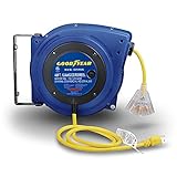 Goodyear グッドイヤー 延長コードリール 高耐久、12.2m(40フィート)、12AWG/ 3C SJTOW、トリプル電源タップにLEDライト付きコネクター