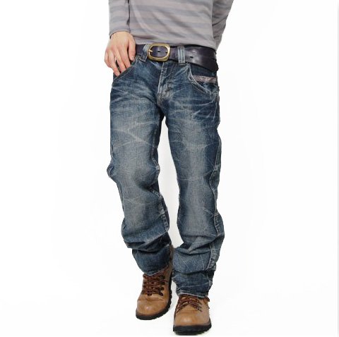 ワインレッドステッチ ストレートデニムパンツ ジーンズ メンズ Lサイズ ブルー