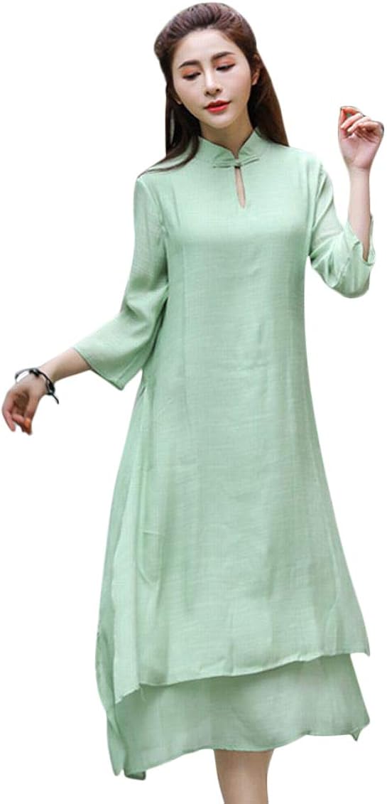 Amazon Co Jp Plus Nao プラスナオ ワンピース 七部袖 Aライン ロングワンピース コットン アオザイ風 スタンドカラー チャイナカラー 重ね着風 白 緑 グリーン M ファッション