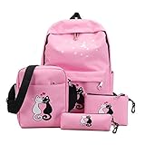 SIEGES リュックサック リュック バッグ デイパック バックパック 猫ちゃん プリント 親子バッグ 4点セット レディース (ピンク)