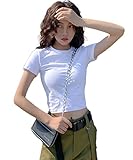[優億] Tシャツ へそ出し レディース 半袖 綿 カットソー ショート丈Tシャツ ちびT 丸首 無地 短い クロップド トップス シンプル ダンス 着痩せ 半袖シャツ プルオーバー夏 (M, Cタイプ ホワイト)