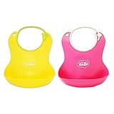 Luv Your Baby Yellow/Pink Silicone Bibs, 2-Pack, With Food Catcher, Great For Boys And Girls, Easy T
