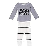 Ochine ベビー服　長袖 LAZY英字プリントTシャツ ＆ ストライプパンツ　上下 2点セット 長袖 ウエスト ゴム 仕様 セットアップ 子供服 ベビー パジャマ 普段着 ユニセックス 子供 ベビ