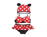 子供 キッズ 女の子 女児 水着 ３点セット セパレート 帽子付き ドット柄 ノーブランド品 (M, 赤)
