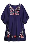 [Orolay] レディース チュニック ワンピース ブラウス ボヘミアン 刺繍 花柄 半袖 ネイビー