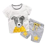 LittleSpring夏 ボーイズ 男の子 五色展開 動物柄 犬 恐竜柄 プリント ボーダー 半袖Tシャツ＆ショートパンツ カジュアル 上下セットアップ ホワイト80