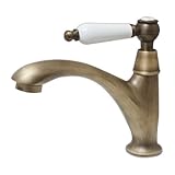 洗面水栓 蛇口 水栓金具 単水栓 シングルレバーハンドル 陶器 ブロンズ（古銅） [奥行16.5×吐水口高8cm] INK-0302064HT