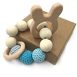 Kissteether かぎ針編みビーズ手ぬぐいセット未処理のブナテザー、オーガニックウッド付きウサギのおもちゃウッドブレスレットベビーママキッズウッドテーゼバングル (木の色 3)