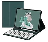 2021年型 Fire HD 10 Plus/HD 10 第11世代 キーボード ケース 丸型キー 可愛い カラーキーボード カラフル 10.1インチ タブレットFire HD 10 プラス 丸い 分離式 キーボード付き カバー (深緑)