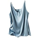 [Niliv] キャミソール Vネック シンプル レディース インナーキャミソール タンクトップシルク 下着 パジャマ 寝間着 シルクサテン 夏 通気性 無地 ノースリーブ ストレッチ(ブルー M)