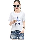 【Smile LaLa】 レディース 半袖 Tシャツ カットソー スター 星 スパンコール トップス カジュアル 英字 ロゴ 夏服 派手 女性 (ホワイト, 2XL)