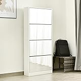 OSJ ミラー付 シューズラック 4段 薄型 スリム 奥行17 木製 ホワイト